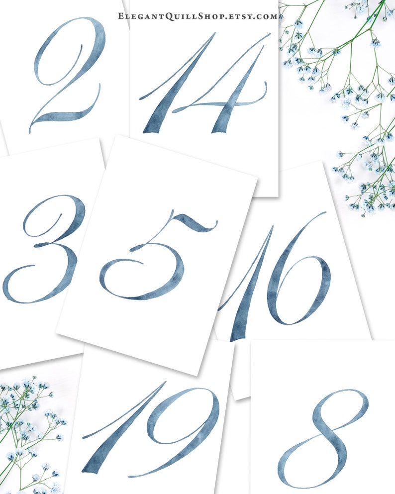 Dusty Blue Wedding, Blue Table Numbers, Watercolor, Printable Table Numbers, Digital Download, Beach Wedding Decor, Dusty Blue Wedding Decor image 7