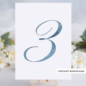 Dusty Blue Wedding, Blue Table Numbers, Watercolor, Printable Table Numbers, Digital Download, Beach Wedding Decor, Dusty Blue Wedding Decor image 2