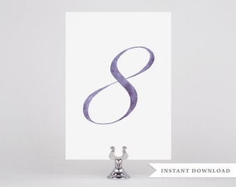 Purple Table Numbers, Purple Wedding Decor, Watercolor, Printable Table Numbers, Digital Download, Wedding Table Numbers, Lilac Purple Decor