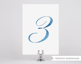 Blue Table Numbers, Beach Wedding Decor, Printable Table Numbers, Digital Download, Wedding Table Numbers, Watercolor, Blue Wedding Decor