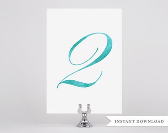 Turquoise Table Numbers, Beach Wedding Decor, Printable Table Numbers, Digital Download, Wedding Table Numbers, Watercolor, Wedding Signs