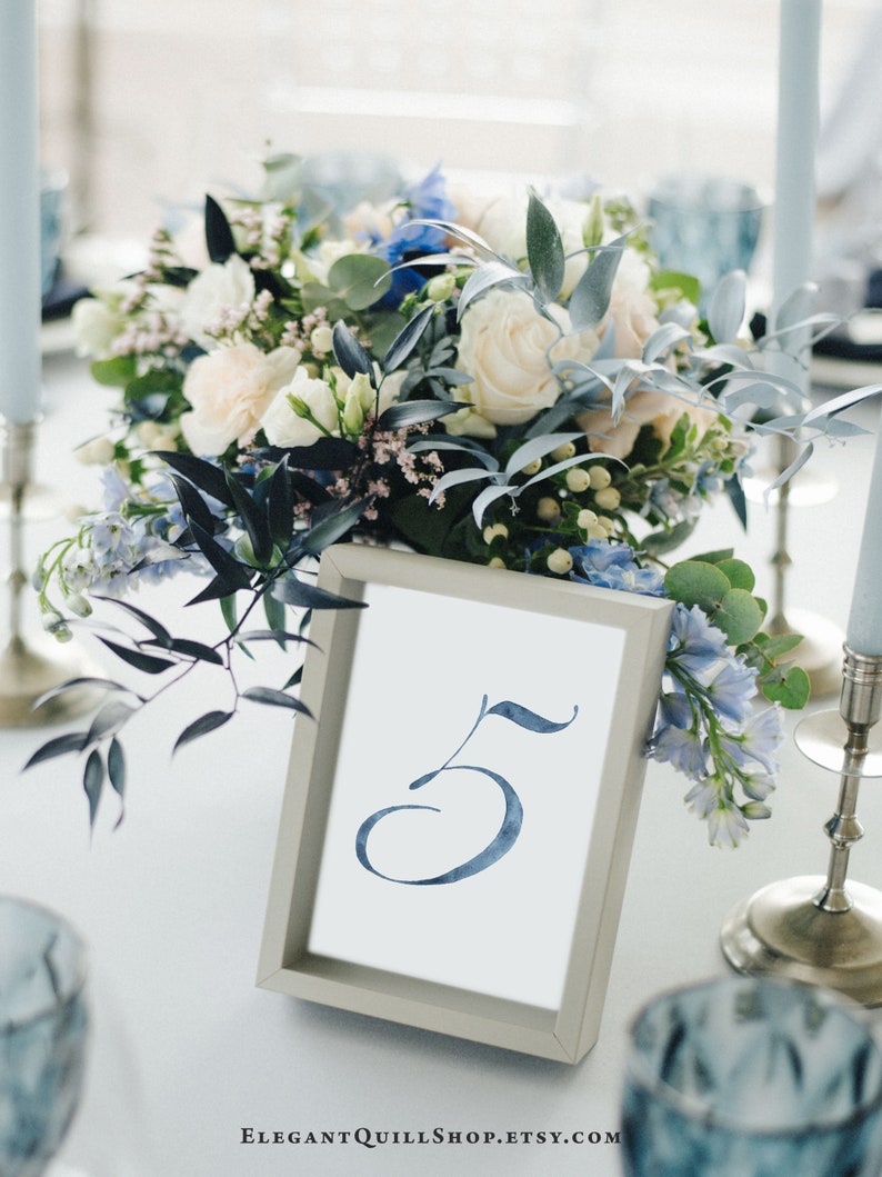 Dusty Blue Wedding, Blue Table Numbers, Watercolor, Printable Table Numbers, Digital Download, Beach Wedding Decor, Dusty Blue Wedding Decor image 3