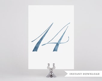 Dusty Blue Wedding, Blue Table Numbers, Watercolor, Printable Table Numbers, Digital Download, Beach Wedding Decor, Dusty Blue Wedding Decor