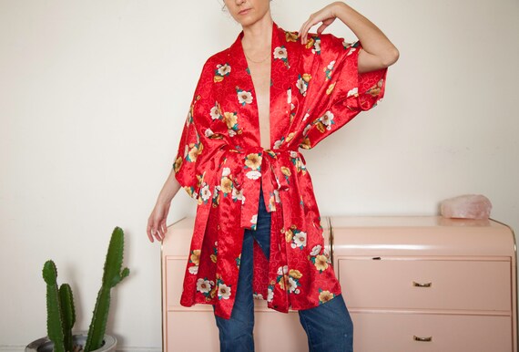 Red Satin Floral Robe