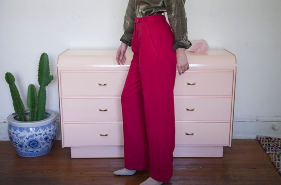 High Waisted Fuchsia Silk Pleated Pants