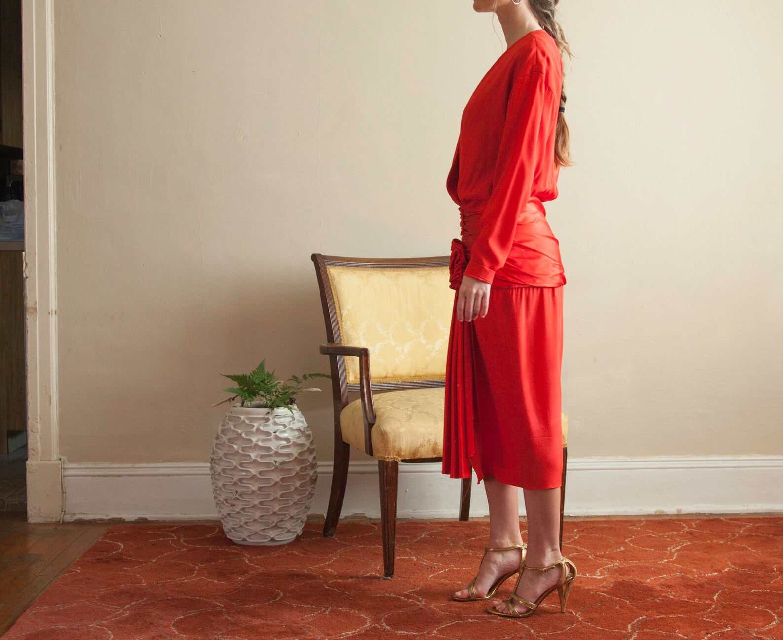 Red Silk Plunging Neckline Dress | Etsy