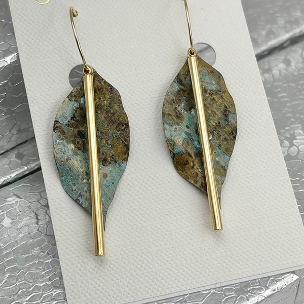 Patina Earrings, Leaf Earrings, Hand Painted Earrings, Line Earrings, Minimalist Earrings, Earthy Earrings, Colorful Earrings