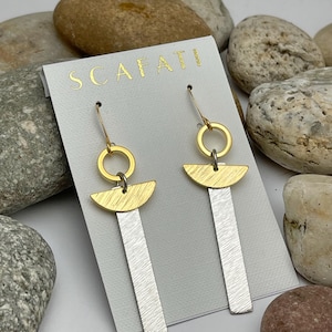 Rectangular Earrings, Half Circle Earrings, Geometric Earrings, Gold Silver Earrings, Mixed Metal Earrings, Modern Earrings