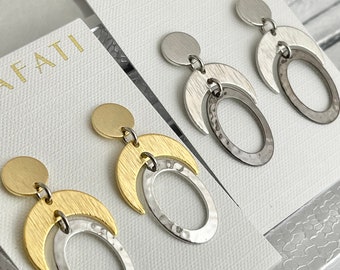 Oval Hoop Earrings, Minimalist Earrings, Hoop Earrings, Post Earrings, Silver Black Earrings, Gold Silver Earrings, Mixed Metal Earrings