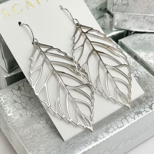 leaf earrings, silver earrings, light earrings, large leaf earrings, geometric earrings, contemporary earrings