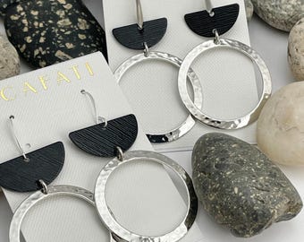 Hoop Earrings, Half Circle Earrings, Black Silver Earrings, Black Earrings, Minimalist Earrings, Geometric Earrings, Dangle Earrings
