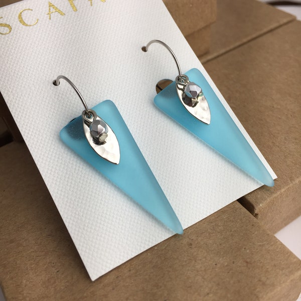 Sea Glass Earrings, Sea Glass and Silver Earrings, Triangular Earrings, Turquoise Sea Glass Earrings Earrings Under 20 Bridesmaids Earrings