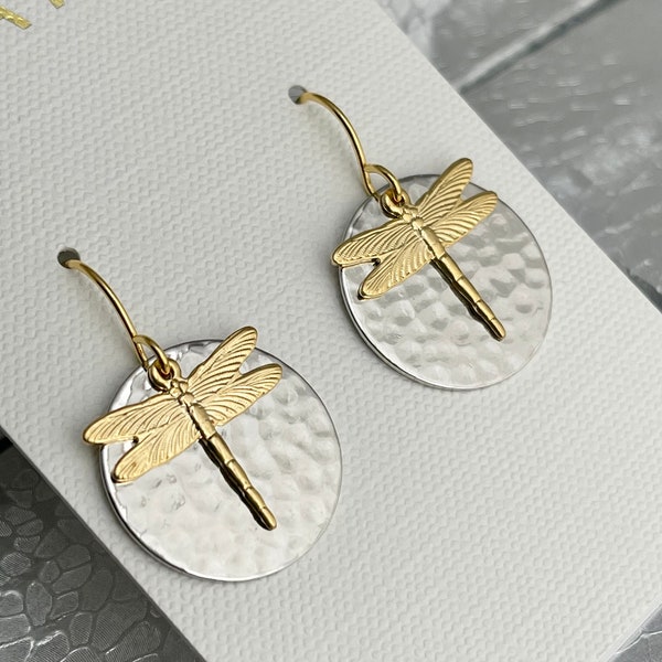 Dragonfly Earrings and Necklace, Dragonfly Earrings, Dragonfly Necklace, Gold and Silver Dragonfly Earrings, Gold Silver Dragonfly Necklace