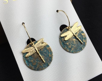 Dragonfly Earrings Mixed Metal Earrings Hoop Earrings 18K Gold Earrings Patina Earrings, Brass Patina Earrings Earrings Under 20