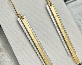 Linear Earrings, Gold Silver Earrings, Line Earrings, Mixed Metal Earrings, Rectangular Earrings, Earrings Under 20