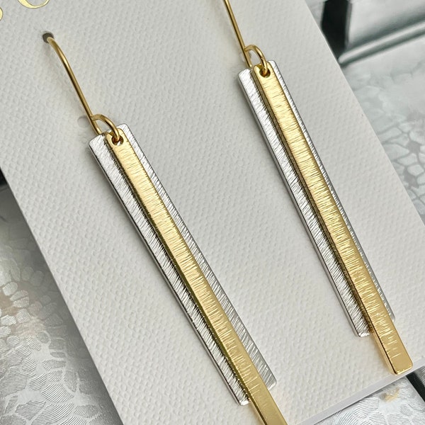 Linear Earrings, Gold Silver Earrings, Line Earrings, Mixed Metal Earrings, Rectangular Earrings, Earrings Under 20