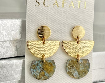 Patina Earrings, Gold Patina Earrings, Half Circle Earrings, Geometric Earrings, Minimalist Earrings, Post Dangle Earrings