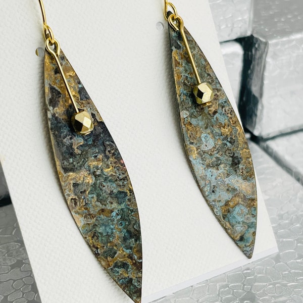 Patina Earrings, Geometric Earrings, Earthy Patina Earrings, Marquise Shaped Earrings, Gold and Patina Earrings