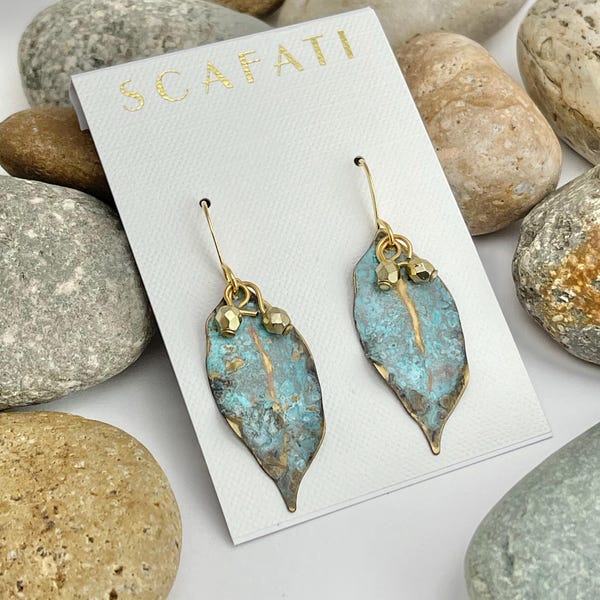 Hand Painted Patina Leaf Earrings, 18K Gold Plating