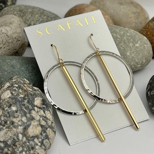 Geometric Bar Hoop Earrings, 18 K Gold & Silver Color Plated, Pounded Minimalist Style