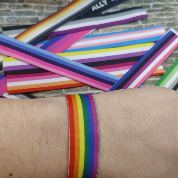 Rainbow - Thick Elastic Wristband Bracelet - stretchy elastic with magnetic clasp - heavy duty, design does not fade/peel, washable 7/8"