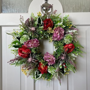 Autumn Wreath For Front Door, All Year Round Door Decor, Porch Decor Idea, Floral Gift For Women, Peony, Thistle, Heather and Berries