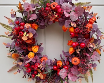 Autumn Pumpkin & Berry Wreath: Cottage Front Door Decor
