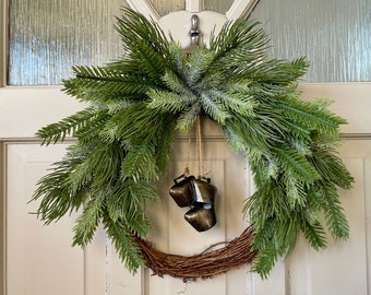 Norway Spruce and Pine Christmas Wreath for Front Door, Spruce and Pine Wreath with Bells, Cottage Decor, Contemporary Decor