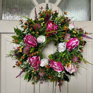 Peony Wreath for Front Door Year Round, Autumnal Garland, Autumn Gift for her, Porch Decor Idea, Door Decoration, Cottage Decor image 1