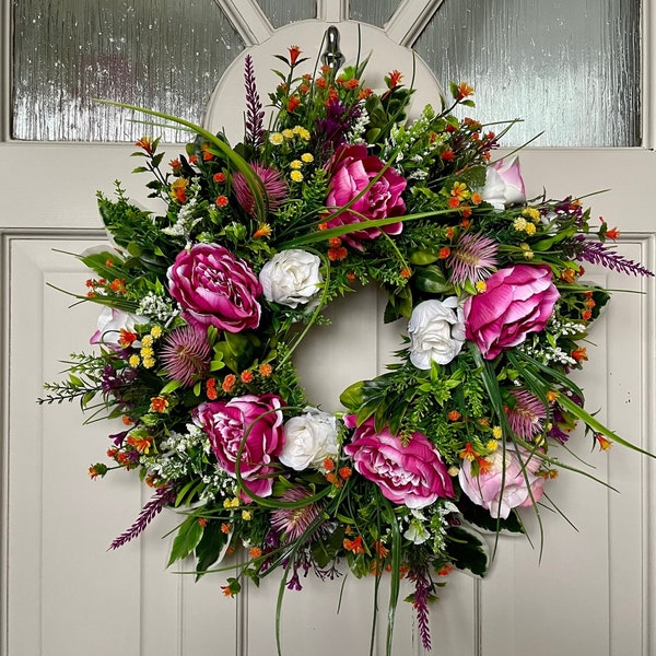 Peony Wreath for Front Door Year Round, Autumnal Garland, Autumn Gift for her, Porch Decor Idea, Door Decoration, Cottage Decor