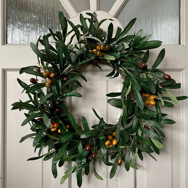 All Year Round Olive Wreath for Front Door, Olive Branch Wreath, Rustic Wreath for Farmhouse, Greenery Wreath, Yellow Red Olives