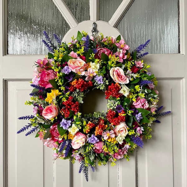 Frühlings-Sommerkranz, ganzjähriger Kranz aus Lavendel, Hortensien, Rosen und Pfingstrosen für die Haustür, englische Wiese, Cottage-Dekor