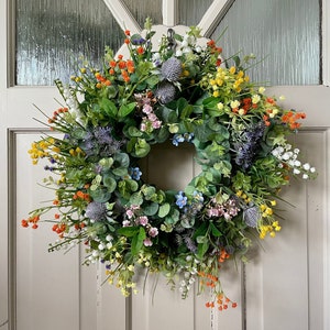 Summer wreath for front door, rustic cottage decor, lily of valley, lavender, gypsophila, thistle, English summer meadow