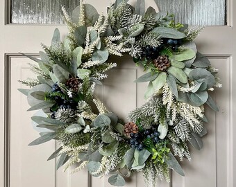 Snowy Christmas Wreath for Front Door, Spruce Wreath with Lambs Ear, Lavender, Heather and Blueberries, Cottage Decor, Woodland Wreath