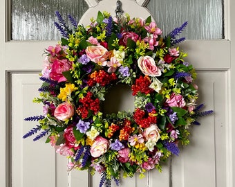 Couronne de printemps été, lavande, hortensias, roses et pivoines toute l'année pour porte d'entrée, prairie anglaise, décoration de chalet