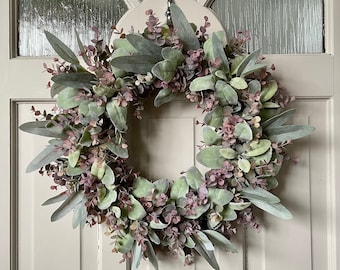 Lambs Ear & Eucalyptus Wreath, Modern Wreath for Front Door, All Year Round Wreath, Cottage Decor
