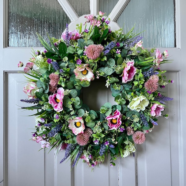 Spring Summer Wreath, All year round lavender and anemone wreath for front door, English Meadow, Cottage Decor