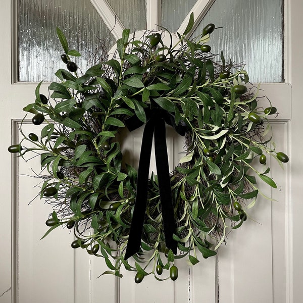 All Year Round Olive Wreath for Front Door, Olive Branch Wreath, Rustic Wreath for Farmhouse, Greenery Wreath with Black Velvet Ribbon