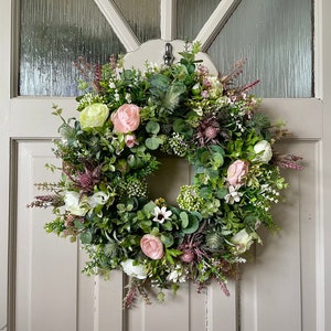Wild flower wreath for front door, summer meadow, Lavender, Peony, Heather and Thistle, Cottage Decor, All Year Round Door Wreath image 1