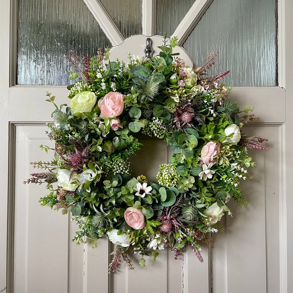 Wild flower wreath for front door, summer meadow, Lavender, Peony, Heather and Thistle, Cottage Decor, All Year Round Door Wreath