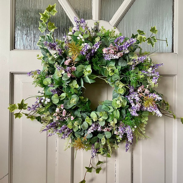 Wild lavender wreath for front door, summer meadow, Ivy and Eucalyptus Wreath, Cottage Decor, All Year Round Door Wreath