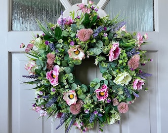 Spring Summer Wreath, All year round lavender and anemone wreath for front door, English Meadow, Cottage Decor