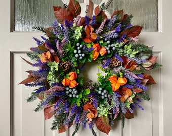 Autumn Lavender Wreath for Front Door, Natural Pine Cones, Heather and Chinese Lantern Flowers, Cottage Decor, Woodland Wreath