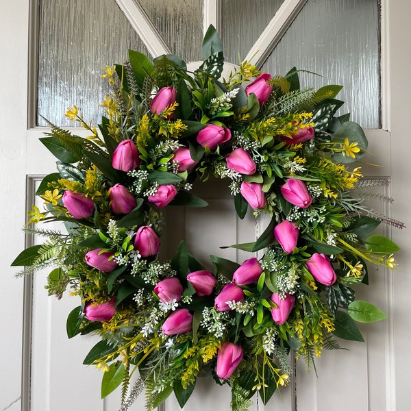 Large Spring Wreath for Front Door, Luxury Wreath with Tulips, Tulips Wreath Door Decoration, Pink Tulip Wreath, Cottage Decor