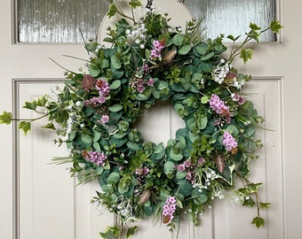 Wild lavender wreath for front door, summer meadow, Ivy and Eucalyptus Wreath, Cottage Decor