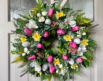 Large Easter Wreath For Front Door, Pink Tulip and Daffodil Wreath with Eggs, Cottage Decor, Large Spring Wreath