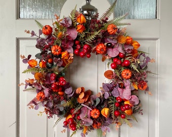 Autumn Pumpkin & Berry Wreath: Cottage Front Door Decor