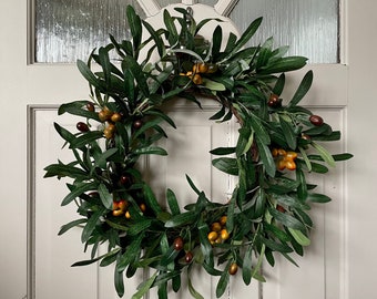 All Year Round Olive Wreath for Front Door, Olive Branch Wreath, Rustic Wreath for Farmhouse, Greenery Wreath, Yellow Red Olives