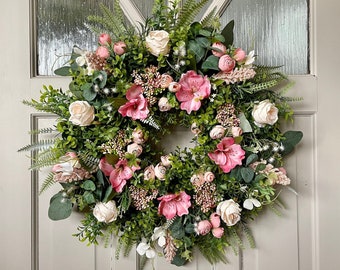 Couronne de printemps été, couronne de fleurs toute l'année pour porte d'entrée, jolie en rose, décoration de chalet, cadeau de fleurs pour elle