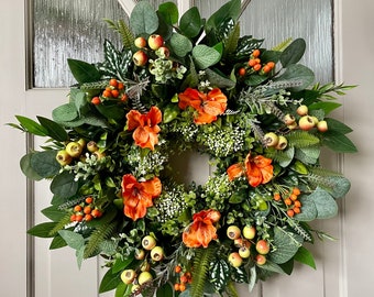 Couronne de printemps été, couronne de fleurs toute l'année pour porte d'entrée, décoration de chalet, cadeau de fleurs pour elle